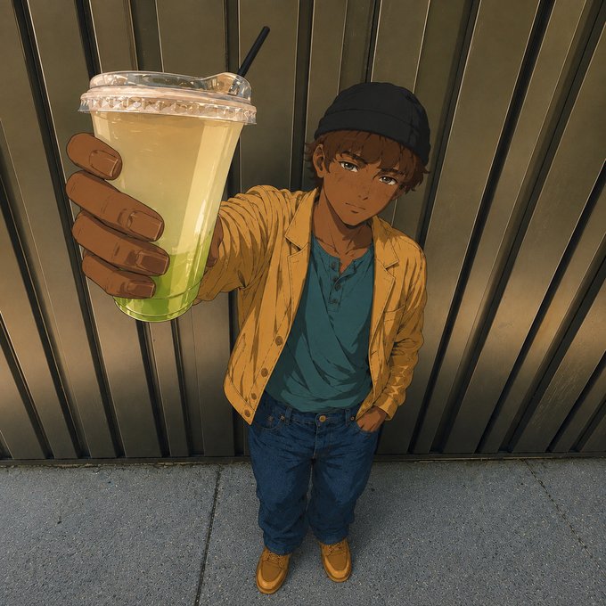 An anime-style illustration depicts a young man wearing a black beanie, yellow jacket, and blue jeans, extending a large hand holding a plastic cup of greenish-yellow beverage with a straw.