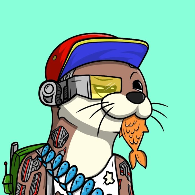 Cartoon illustration of a walrus wearing a red and blue cap, a cybernetic suit, and holding a fish.