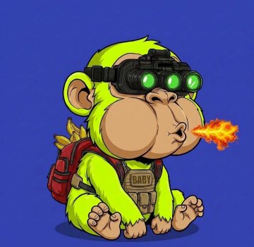 A cartoon illustration of a green Bored Ape-style monkey wearing night-vision goggles, a red backpack, and a tactical vest labeled 'BABY', with flames shooting from its mouth against a blue background.