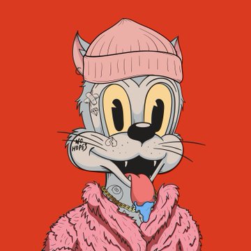 A stylized cartoon of a white cat-like character with a pink beanie, pink fur coat, gold chain, and tongue out, against a red background.