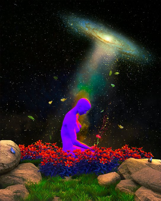 A surreal digital artwork depicting a purple humanoid figure kneeling in a bed of red flowers and grass among rocks, with a galaxy swirling above releasing rainbow-colored light and floating butterflies into a starry night sky.