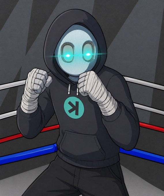 A hooded robot-like character with glowing teal eyes and bandaged fists stands in a boxing stance inside a ring, wearing a black hoodie featuring a teal logo with a stylized "K." The image fits the fighter-themed post, which references dropping $SOL wallets and giving away prizes to 5 people in 3 hours.