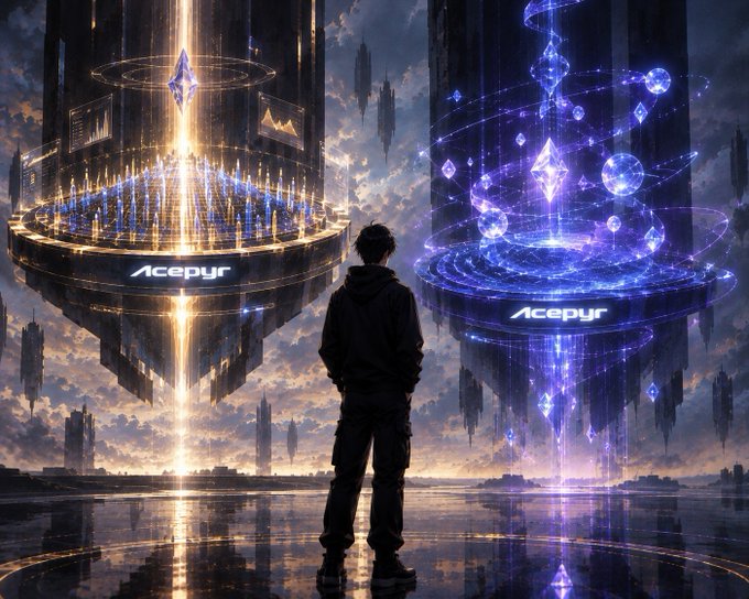 Sci-fi digital art of a person standing before two massive glowing floating structures labeled 'Acepyr', one golden and one blue, in a surreal cityscape.