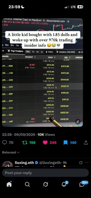 A screenshot of a TikTok video showing a crypto trading dashboard for Raydium with the caption 'A little kid bought with 1.85 dolls and woke up with over 970 trading insider info' posted by @liuxing.eth.