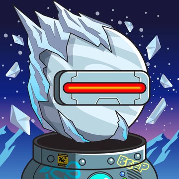 A cartoon-style illustration depicts a floating crystalline robot head with a glowing red visor against a dark blue starry background.