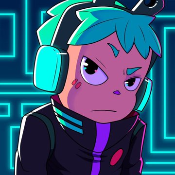 An animated character with teal hair, purple skin, and large headphones glares intensely against a neon circuit-patterned background.