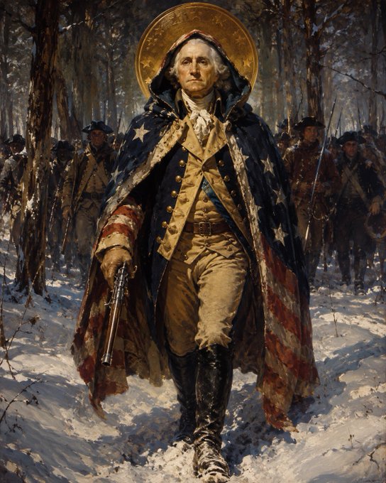A historical-style painting of a figure resembling George Washington in an American flag coat and golden halo, walking through a snowy forest.