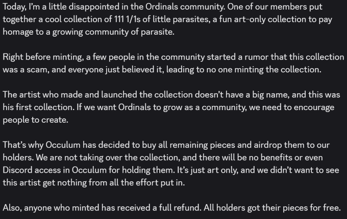 A text statement from Occulum discussing their disappointment with the Ordinals community over a rumored scam involving the "Parasite" 111/1s collection of 111 pieces. Occulum announces they purchased the remaining pieces to airdrop free to holders, ensuring artist @Parasite_wtf gets paid despite the failed mint.