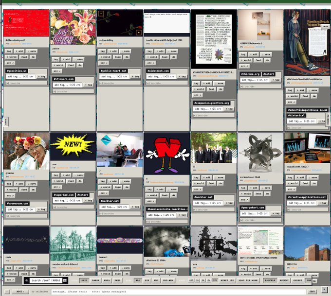 A screenshot of a vintage-looking web portal or imageboard displaying a grid of various user-submitted posts, images, and tag categories.