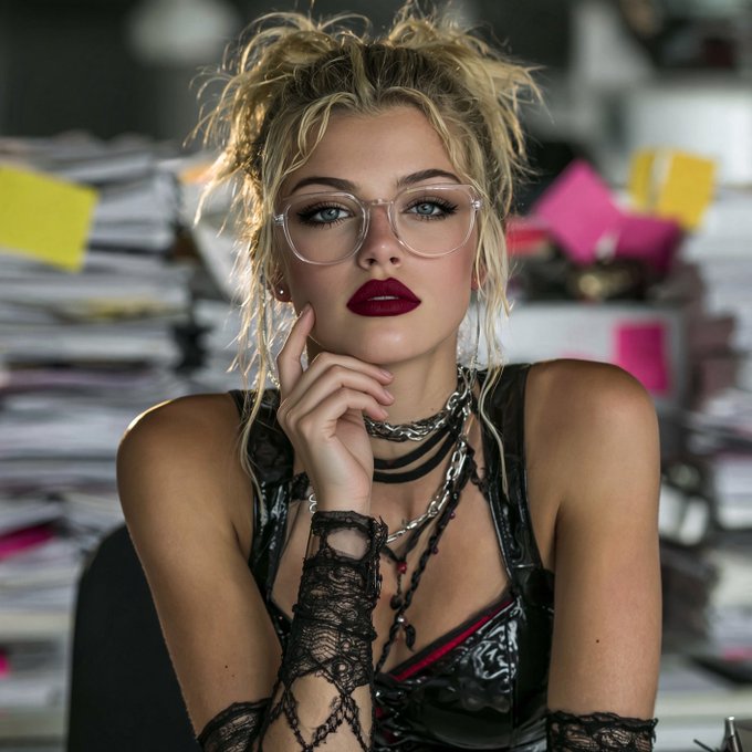 Portrait of a blonde woman wearing clear-framed glasses, dark red lipstick, a black lace top, and silver chain necklaces, posed against a blurred background of colorful sticky notes.