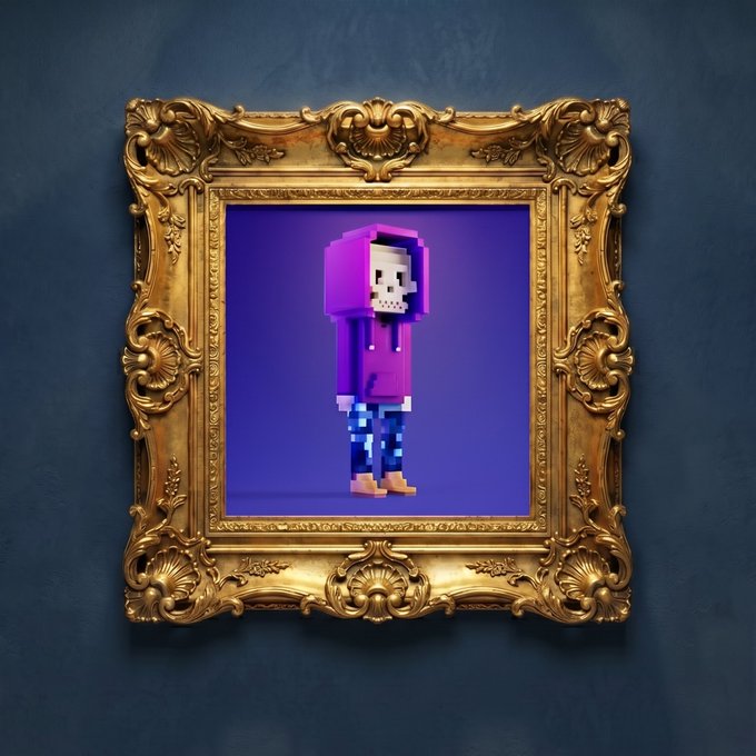 The image features a small, 3D-rendered skeleton wearing a purple hoodie standing inside an ornate gold frame with a blue background. The skeleton appears to be looking directly at the camera. The text accompanying the image reads "Adam is a visionary, a friend, and now proud owner of the largest Meebits collection in the world. There are no words to express our gratitude for his support and continued votes of confidence."
