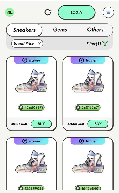 The image shows a screenshot of an app store page displaying several pairs of sneakers for sale, with each pair having a price tag attached. The app store page has a green header at the top that reads "Stepn" followed by a white banner containing the app name and logo. There are also two posts on this page: one is titled "Trainer" and another is labeled "Gems".