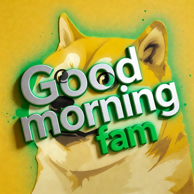 The image features a cartoon dog with yellow fur, wearing a green hat that has "Good Morning" written on it. The text "Good Morning Dogecoin fam." is also present in the image. This suggests that there might be an advertisement or promotional material related to cryptocurrency or dogecoins, possibly featuring a humorous and eye-catching design involving a dog character.