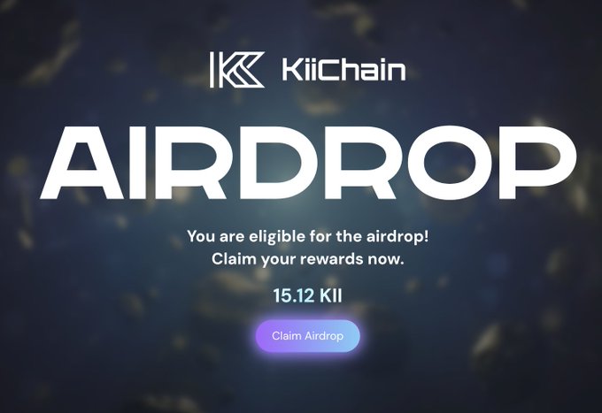 A promotional graphic for the KiiChain airdrop displays the text "AIRDROP - You are eligible for the airdrop! Claim your rewards now" along with a reward amount of "15.12 KII" and a purple "Claim Airdrop" button, directly corresponding to the user's post claiming their 15.12 $KII allocation from the live KiiChain airdrop event.