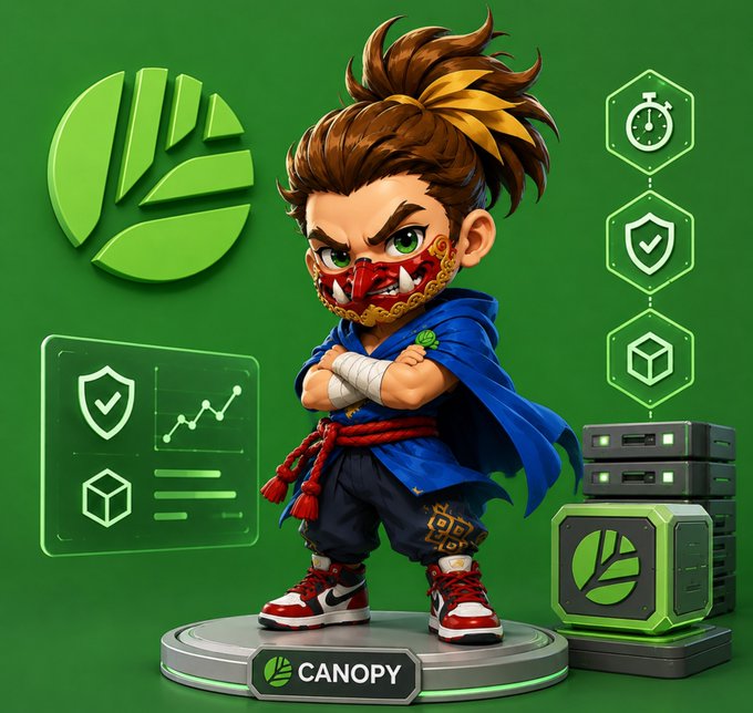 A chibi-style 3D character with brown hair, a blue cape, red ninja mask, and red sneakers stands on a platform labeled "CANOPY" against a green background featuring icons and a server rack.
