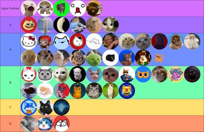 A colorful tier list ranking cat-related memes and characters (titled 'Apex Felines') from S tier down to D tier, featuring Garfield, Hello Kitty, and various cat photos/memes.