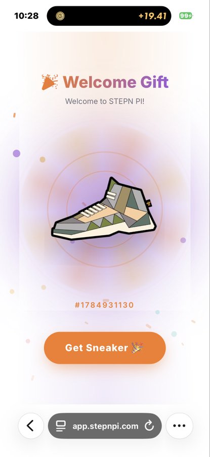 A mobile screenshot of the STEPN PI app showing a 'Welcome Gift' page featuring an illustrated high-top sneaker with ID #1784931130 and an orange 'Get Sneaker' button.