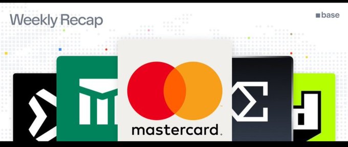 The image features a poster with five different logos for various companies such as Mastercard, GM Builder, I'M really impressed with how fast the @base ecosystem is growing, Some of the big highlights this week, the Affiliate Program is finally live a great way to start earning mastercard is expanding stablecoin payments on Base. The poster displays these logos in a row and includes text that reads "Weekly Recap" and "Base".