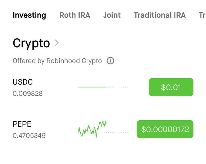 A screenshot of Robinhood's Crypto section showing tiny dust amounts of USDC (0.009828, valued at $0.01) and PEPE (0.4705349, valued at $0.00000172) that cannot be fully sold, illustrating the user's frustration with leftover cryptocurrency dust in their account.