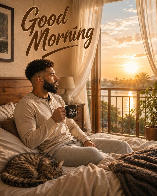 A man sits on a bed holding a 'Good Morning' mug at sunrise, with 'Good Morning' text overlaid and a tabby cat resting nearby.