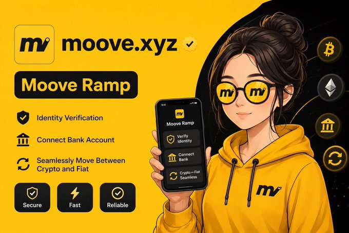 A promotional graphic for 'moove.xyz' Moove Ramp featuring an anime-style character with glasses holding a smartphone, listing features like Identity Verification and Secure transactions.