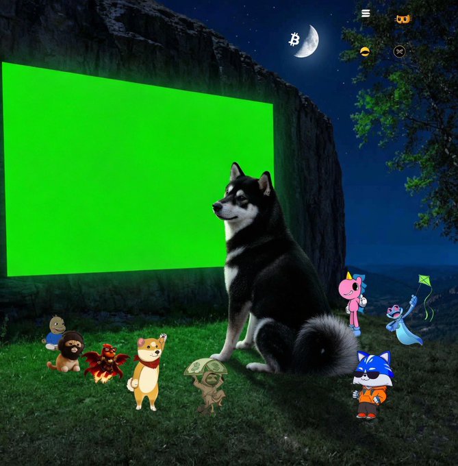The image features a black dog sitting in front of a green screen with a cartoon character on it. The dog appears to be staring at the screen intently. Surrounding the dog are several other cartoon characters, including a raccoon, a rabbit, and a fox. These characters seem to be gathered around the dog, possibly engaged in conversation or observing something happening on the screen.
