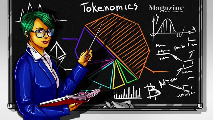 An illustrated woman with teal hair and glasses stands at a chalkboard titled "Tokenomics Magazine by cryptobrief," pointing at a colorful pie chart while holding an open book, surrounded by mathematical equations and graphs. The image visually represents the analytical breakdown of the post's discussion about the surge in crypto token buybacks—particularly the dominant shares from Hyperliquid's HYPE and pump.fun's PUMP—symbolizing the economics and distribution behind the $600 million trend.
