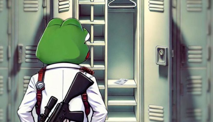 An anime-style image depicts a green frog character wearing a white shirt and red harness, carrying a rifle on its back while standing in front of green school lockers.