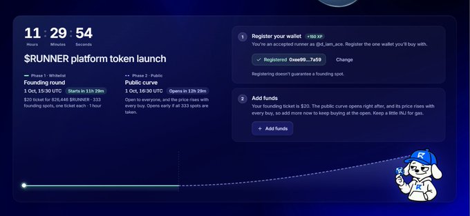 Screenshot of the $RUNNER platform token launch page displaying a countdown timer (11:29:54), funding round details, and instructions to register a wallet and add funds.