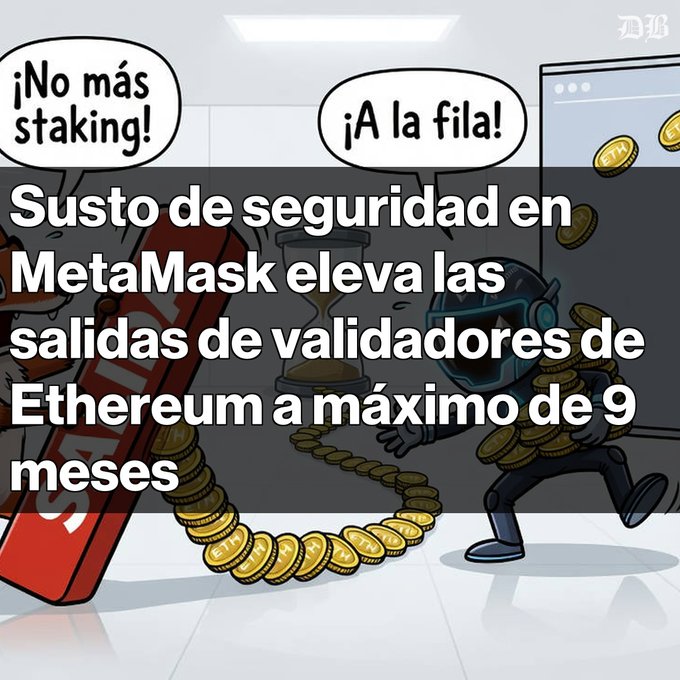 a MetaMask Ethereum staking-related illustration featuring characters and Spanish text about 'salidas de validadores de Ethereum a máximo de 9 meses'