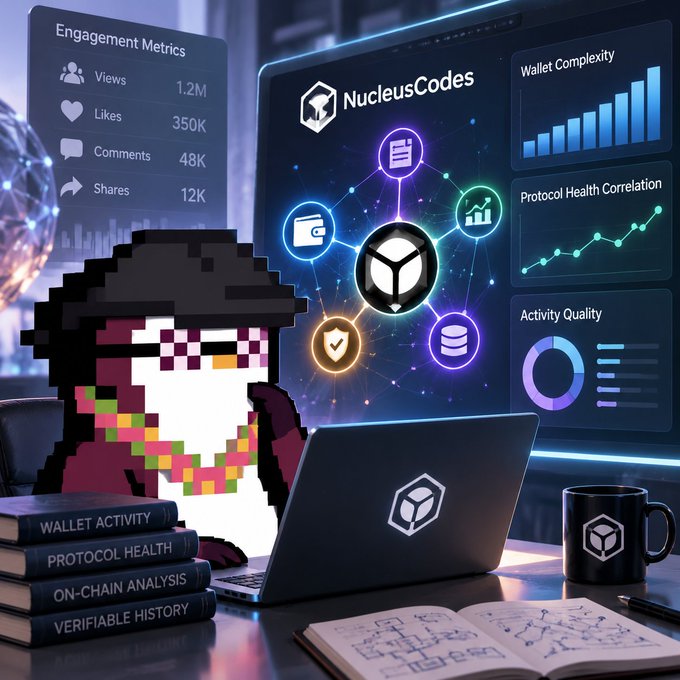 A pixel-art character in a wizard hat sits at a laptop displaying the 'NucleusCodes' logo, surrounded by dashboards for 'Engagement Metrics', 'Wallet Complexity', and 'Protocol Health Correlation', with books titled 'WALLET ACTIVITY', 'PROTOCOL HEALTH', and 'ON-CHAIN ANALYSIS'.