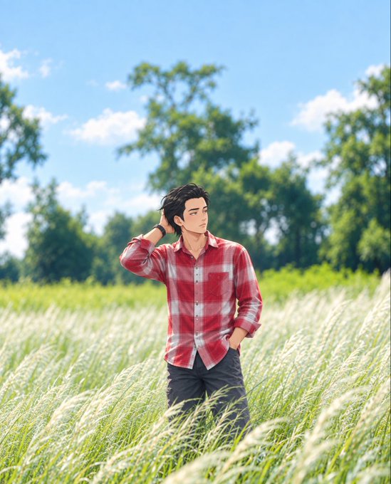 An illustrated young man in a red plaid shirt stands in a field of tall grass under a blue sky.
