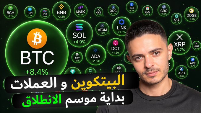 The image features a man with short hair wearing a black shirt, standing against a green background that displays various logos of different cryptocurrencies such as Bitcoin, Ripple, and Litecoin. The text "البيتكون و العملات بداية موسم الانطلاق فيديو مهم youtu.be/BE9mxye9B2g" is written in a foreign language, which could be Arabic or another language not visible in the image. The man appears to be looking directly at the camera with an expression of surprise or curiosity.
