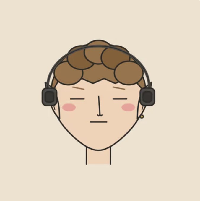 A cartoon illustration of a person with short brown curly hair wearing black over-ear headphones with a neutral, eyes-closed expression and rosy cheeks.