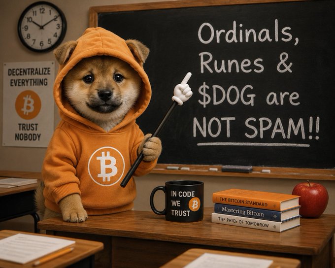 A Shiba Inu dog wearing an orange Bitcoin hoodie stands at a chalkboard declaring "Ordinals, Runes & $DOG are NOT SPAM!!" alongside a "DECENTRALIZE EVERYTHING" poster, an "IN CODE WE TRUST" mug, and Bitcoin-themed books, visually reinforcing the post's argument that all consensus-following Bitcoin transactions are legitimate rather than spam.
