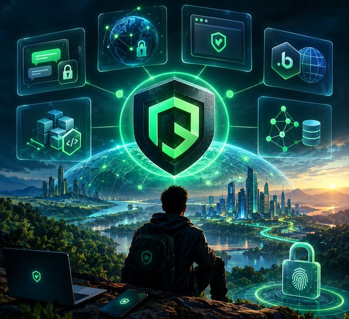 A futuristic digital illustration shows a person with a backpack viewing a glowing green security shield icon surrounded by floating holographic interface panels, with a cityscape in the background.