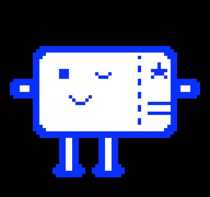 A pixel-art style drawing on a black background showing a white, rectangular character with blue outlines, small legs, and two simple smiling faces on its body.