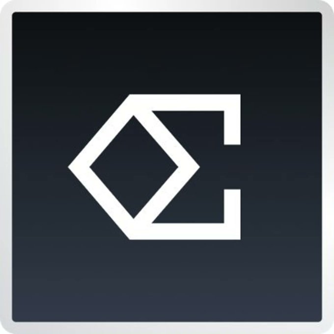 A square app icon with a dark gradient background featuring a white geometric logo that combines a diamond shape with the letter 'C'.