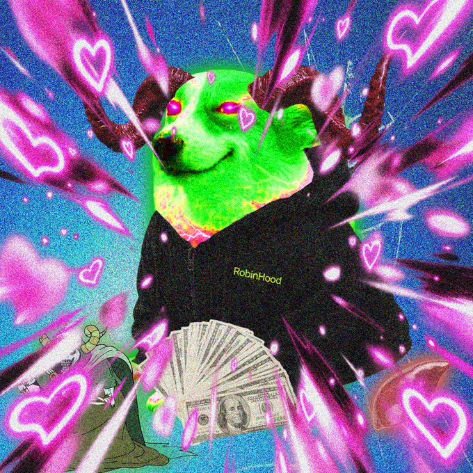 A green dog with glowing pink horns wears a black "RobinHood" hoodie, surrounded by floating hearts and a fan of cash, with a small samurai character on the left—evoking the chaotic, meme-style energy of a CashDogs NFT drop announcement.