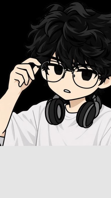 An anime-style illustration depicts a young boy with messy black hair, sunglasses, and headphones around his neck, adjusting his glasses with one hand.