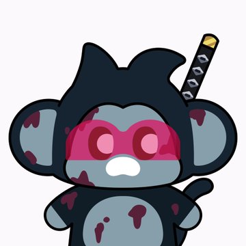 A cartoonish dark blue monkey-like character wearing pink sunglasses and carrying a katana on its back.