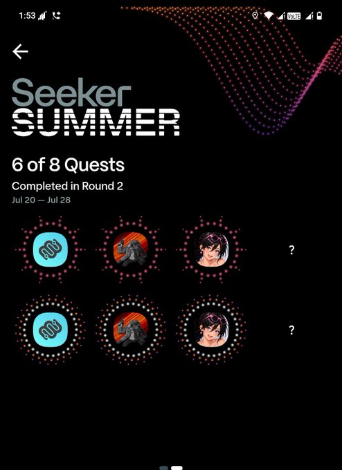 A mobile screen showing 'Seeker Summer' quest progress, indicating '6 of 8 Quests Completed in Round 2' from Jul 20 – Jul 28, with circular reward icons.