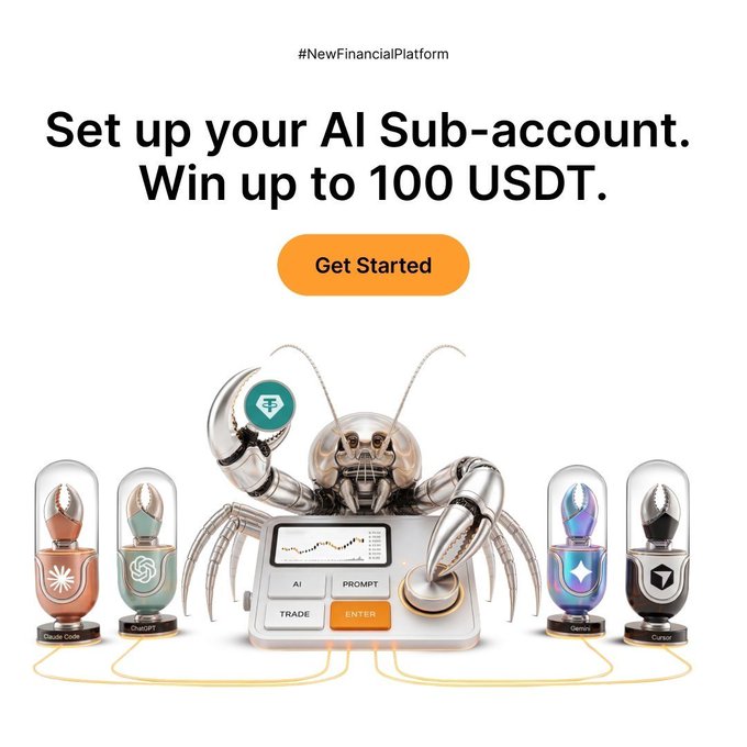 The image features a large crab sitting behind a trading platform with a screen displaying the phrase "Let AI trade for you" written above it, along with a list of trading platforms for users to choose from. The main crab's hands are holding various items such as buttons and a magnifying glass. There is another small crab in the background. The entire setting gives an impression that this platform offers a service where users can make trades with AI assistance, possibly utilizing a currency like USDT (Universal currency token). This post encourages people to set up their AI Subaccounts for a unique trading experience and provides details on how to join.