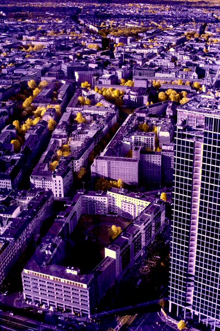 An aerial view of a city rendered in purple and gold tones, showing rows of buildings, tree-lined streets, and a modern glass skyscraper.