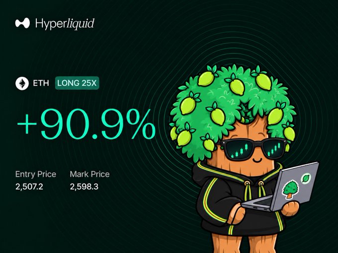 A promotional graphic for Hyperliquid showing a +90.9% return on an ETH LONG 25X position with an entry price of 2,507.2 and mark price of 2,598.3, featuring a cartoon lemon-tree character with sunglasses and a laptop.