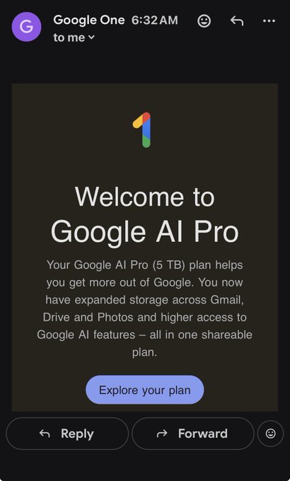 A screenshot of a Gmail email from Google One titled 'Welcome to Google AI Pro' announcing a 5 TB plan with expanded storage across Gmail, Drive and Photos and an 'Explore your plan' button.