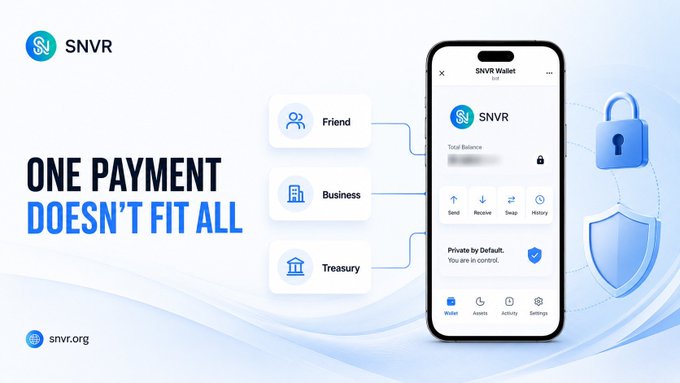 A promotional graphic for SNVR featuring a smartphone wallet app with the tagline 'ONE PAYMENT DOESN'T FIT ALL' and categories for Friend, Business, and Treasury.