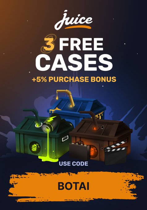 The image shows a promotional poster for a juice website. The poster features three cartoon characters, two brown boxes (possibly juice-related items), and text that reads "3 Free Cases", "5% purchase bonus", and "botai" along with an image of a gun with a yellow barrel. The focus of the post is on the juice brand partnership with the hashtag #Botai!.