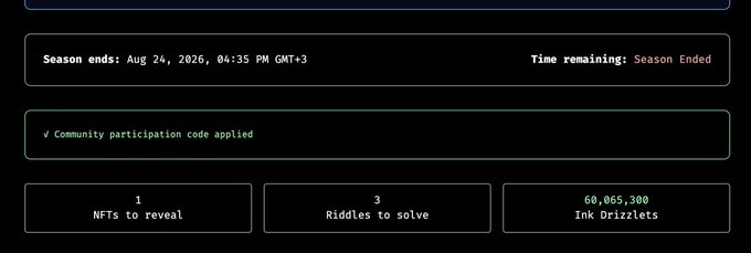 A dark-themed status panel showing 'Season ends: Aug 24, 2026, 04:35 PM GMT+3', 'Time remaining: Season Ended', a green checkmark noting 'Community participation code applied', with stats showing '1 NFTs to reveal', '3 Riddles to solve', and '60,065,300 Ink Drizzlets'.
