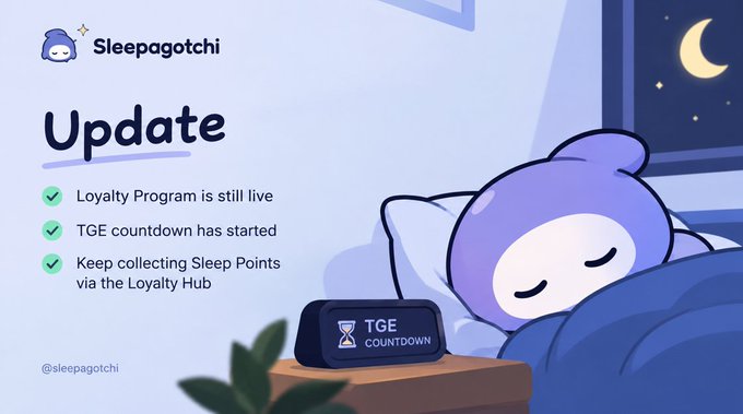 An update graphic for 'Sleepagotchi' features a sleeping purple character next to a 'TGE COUNTDOWN' alarm clock, announcing that the loyalty program is live and the TGE countdown has started.